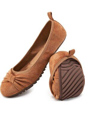Women's Brown Suede Comfortable Ballet Flats Cushioned Foldable Slip On Shoes